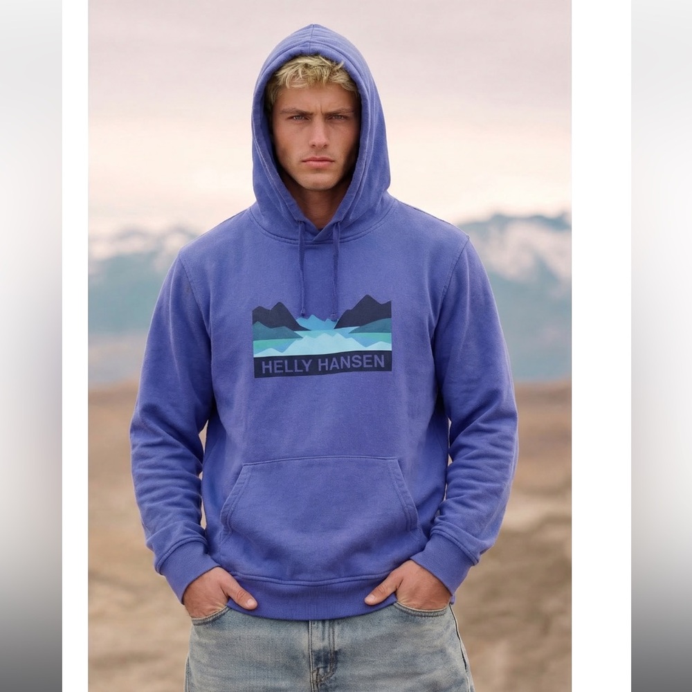 Helly Hansen Nord Graphic Hoodie Men’s Large Blue Purple Mountains‎ Fjords Logo